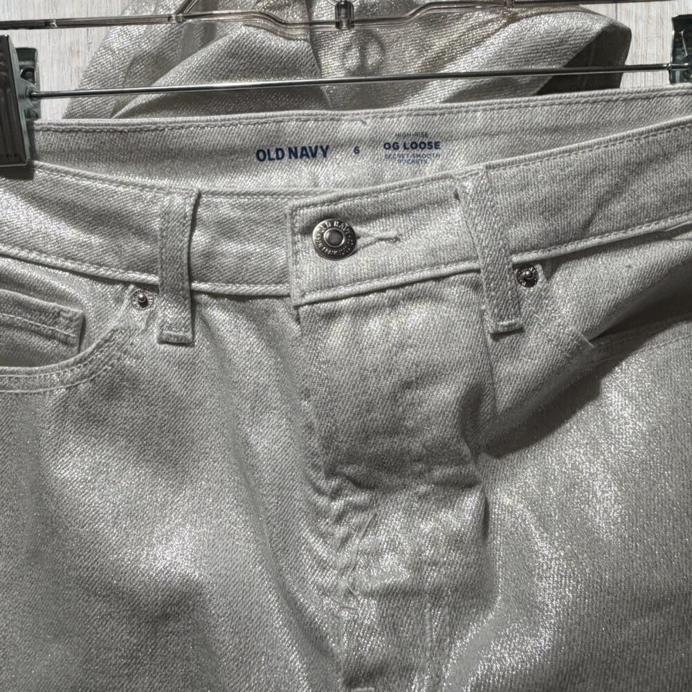 Old Navy High Rise OG Loose Silver Shine Jeans Metallic Coated Pants Jeans 6 - Picture 3 of 6